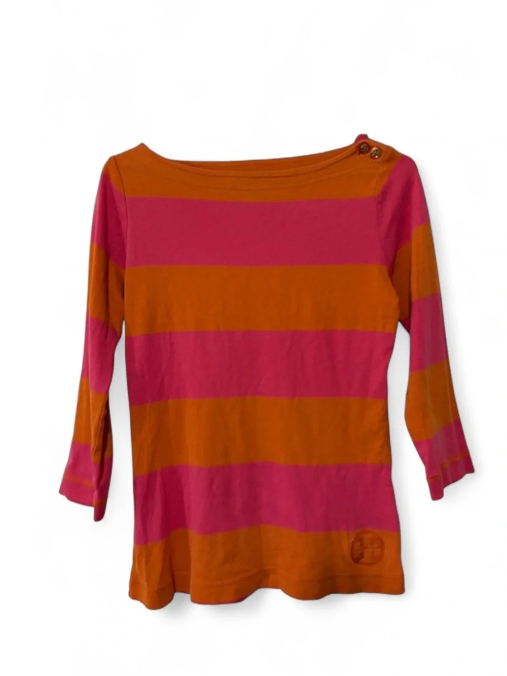 Tory Burch Wide Striped Pima Cotton Boatneck Top in Orange and Pink